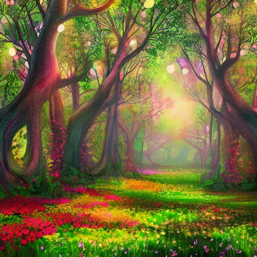 Image similar to A forest with beautiful flowers scatter across the field with large trees of all colors, digital art, detailed, trending on artstaion