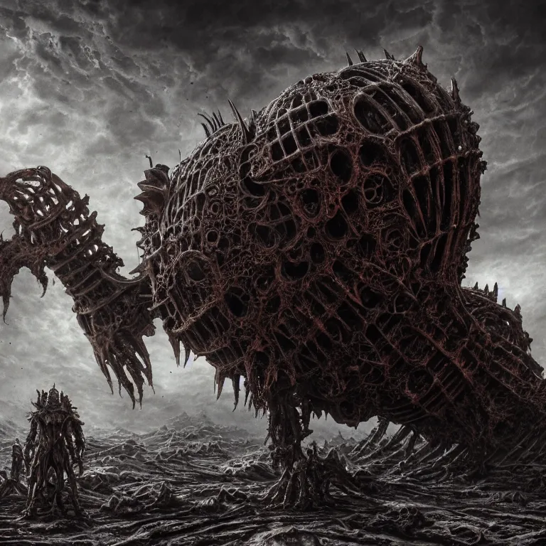 Image similar to ribbed abandoned biomechanical organic crashed spaceship Sauron armor on exoplanet in a desolate empty wasteland, covered with organic flesh, meat, creepy, nightmare, dream-like heavy atmosphere, surreal abandoned buildings, baroque painting, beautiful detailed intricate insanely detailed octane render trending on Artstation, 8K artistic photography, photorealistic, chiaroscuro, cinematic volumetric light, Raphael, Caravaggio, Beksinski, Giger