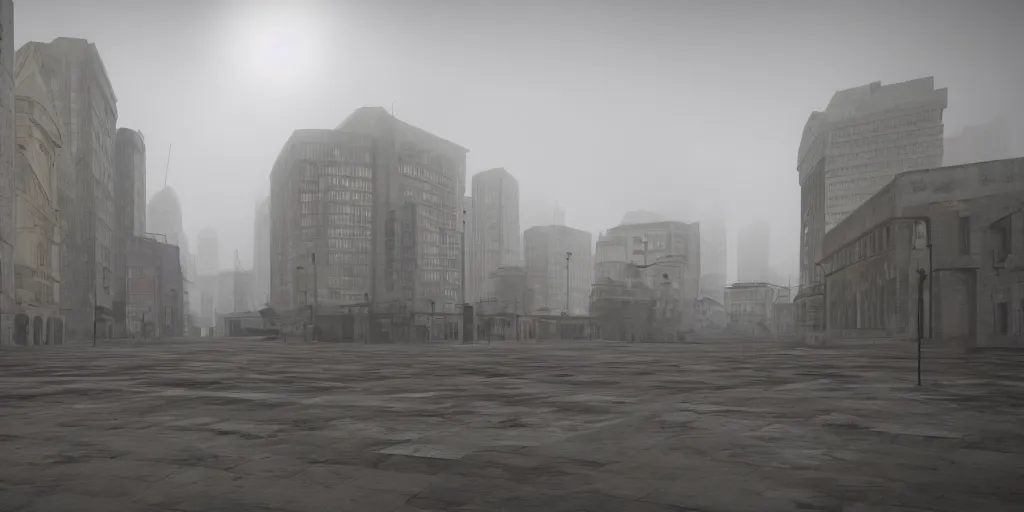 Image similar to wide - angle view of a deserted city with brutalism architecture and stone buildings with overcast and foggy weather. detailed, ultra - realistic, 4 k.