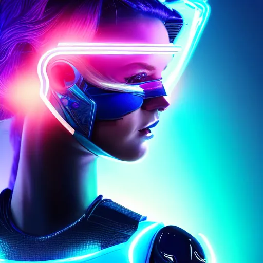 Image similar to a stunning upper body portrait of a beautiful young woman wearing futuristic navy blue and teal battle bodyarmor with pauldrons and inset glowing fine neon lines and ombre purple and pink hairstyle with hair blowing in the wind, by marvel comics, highly detailed, fine detail, intricate, digital art, trending on artstation