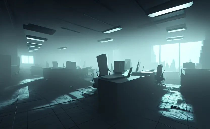 Image similar to office, horror scene, fluorescent lighting, eerie volumetric lighting, futuristic atmosphere, intricate, detailed, photorealistic imagery, artstation