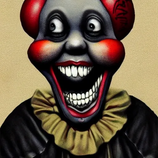 Image similar to grunge cartoon painting of kanye with a wide smile and a red balloon by chris leib, loony toons style, pennywise style, corpse bride style, horror theme, detailed, elegant, intricate