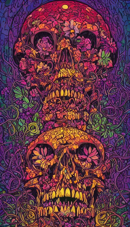 Prompt: The luminous cavern of floral skulls, italian futurism, Dan Mumford, da vinci, Josan Gonzalez