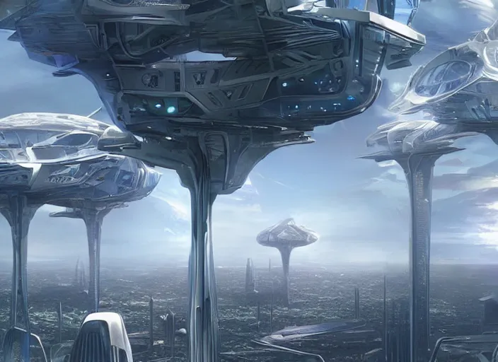 Prompt: 2 strange looking structures in the sky tower above futuristic space port, a detailed matte painting by Fabio Montorzi, cgsociety, afrofuturism, matte painting, concept art, sci-fi