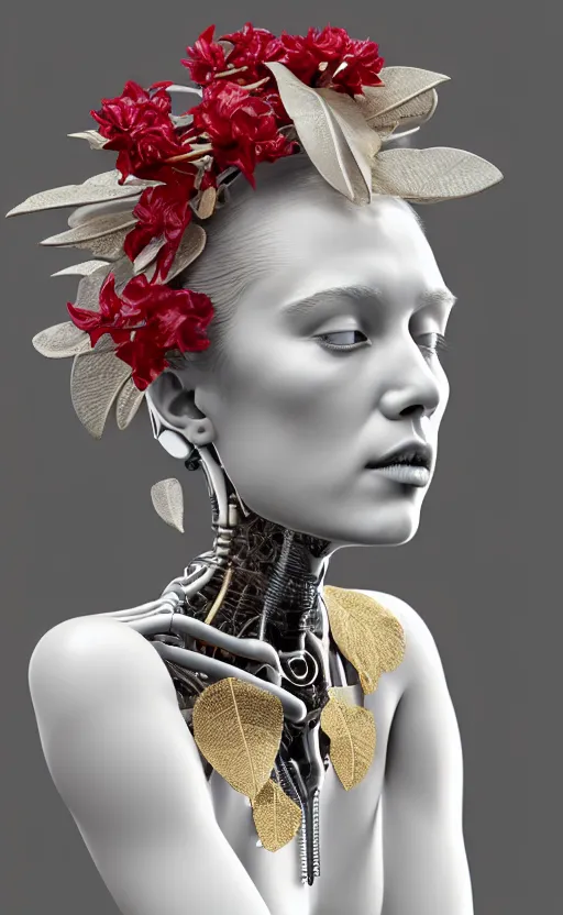 Image similar to complex 3d render ultra detailed of one single beautiful porcelain profile woman face, mechanical cyborg, 150 mm, accent lighting, beautiful studio soft light, rim light, silver gold red details, luxurious, magnolia big filigran ultra detailed leaves and stems, black roots, Alexander Mcqueen haute couture, fine foliage lace, mesh wire, filigran intricate details, hyperrealistic, mandelbrot fractal, anatomical, silver metal armor, facial muscles, cable wires, microchip, elegant, white background, beautiful white teeth, beautiful lips, octane render, H.R. Giger style, 8k