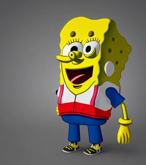 Image similar to Spongebob wearing a puffer jacket and a baseball cap, 3D model, clean background, studio lighting, 30mm