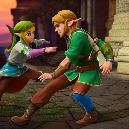 Prompt: zelda, the primcess dancing with link, hyper realistic, 4 k octan render, unreal 5, detailed