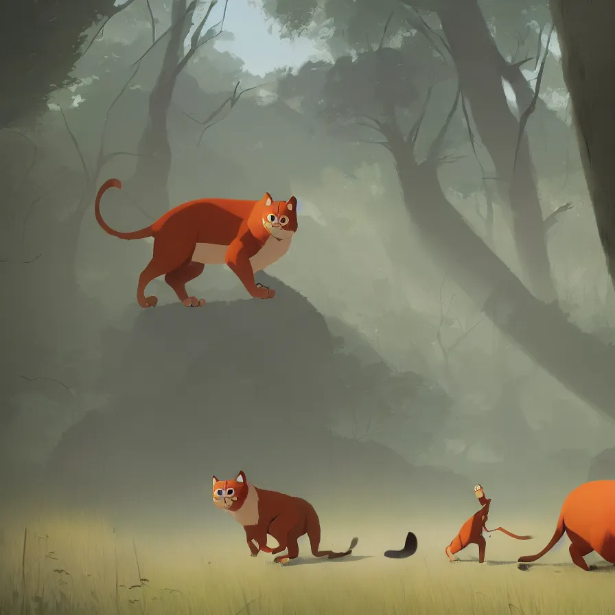 Image similar to Goro Fujita illustrating a big cat calmly walking through the forest, by Goro Fujita, concept art, sharp focus, highly detailed, ArtStation