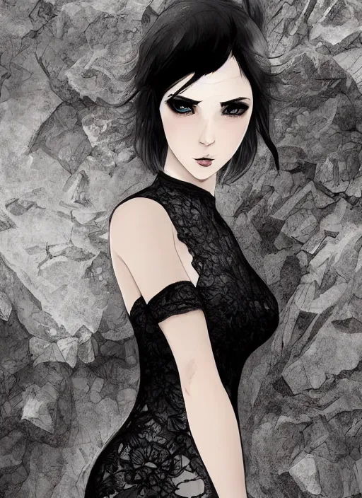 Prompt: beautiful woman in a black lace dress in a cave, detailed dress and face, digital art, manga style, by artgerm, by wlop, by conrad roset, octane render, beautiful lighting