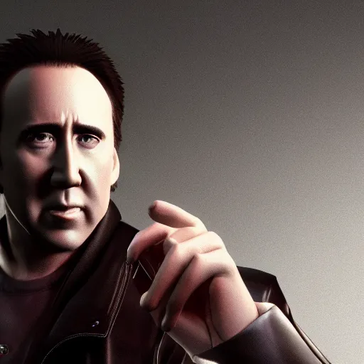 Image similar to Nicolas Cage JRPG cinema 4d render, Ray tracing reflection, natural lighting, award winning photography