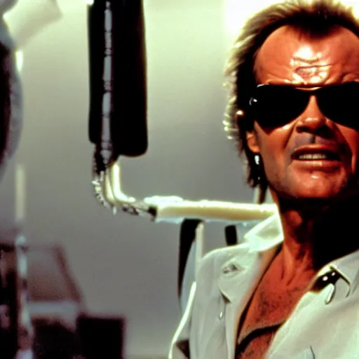 Image similar to Jack Nicholson plays Terminator, scene where his endoskeleton is exposed