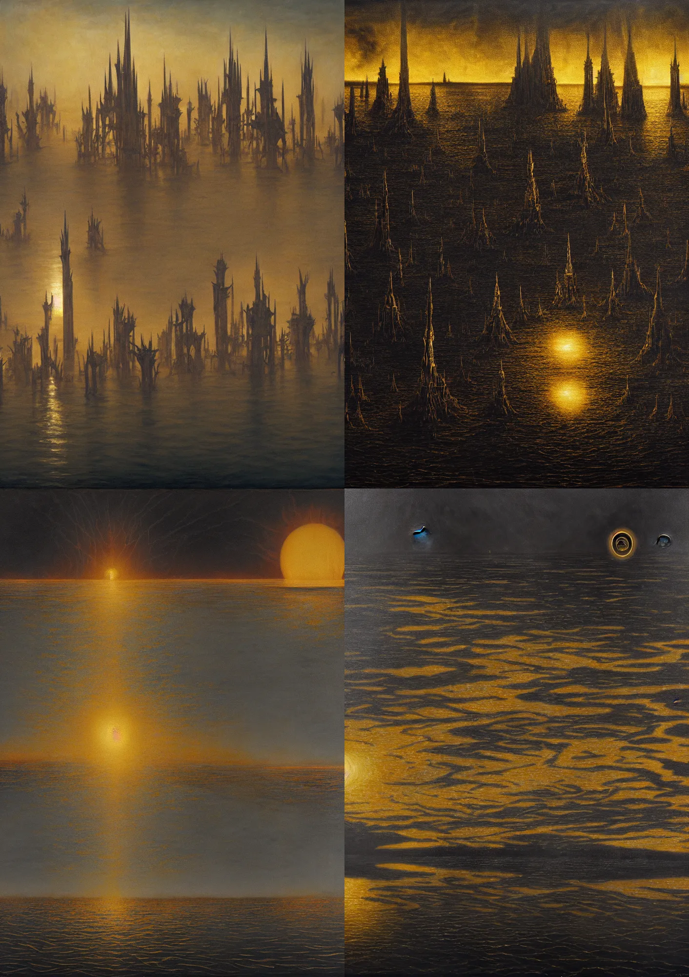 Prompt: the golden spires of the carcosa palace are illuminated by huge black sun, and the lake is reflecting yhtill's remnants curled gunsmoke. 8 k, oil on canvas, hyperdetailed