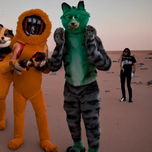 Image similar to furry convention on mars, animal costumes, 8 k photography, cyberpunk