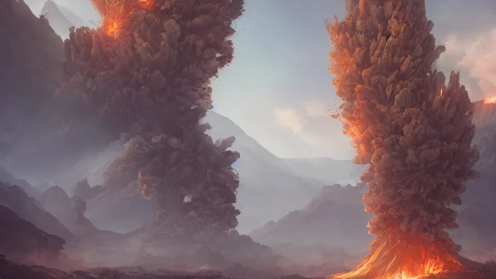 Prompt: exploding volcano, everlasting trees, pillar of ash, by sylvain sarrailh, rossdraws, ambient light, ultra detailed, fantasy artwork, 8 k, volumetric lighting, trending on artstation, award winning, very beautiful.