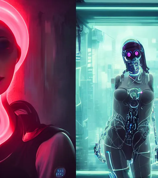 Image similar to a cyberpunk woman with shining sphere in neck, hyperrealistic, cyber world, ambient lighting, concept art, hyper - detailed, smooth, octane, ray tracing, cinematic, high quality