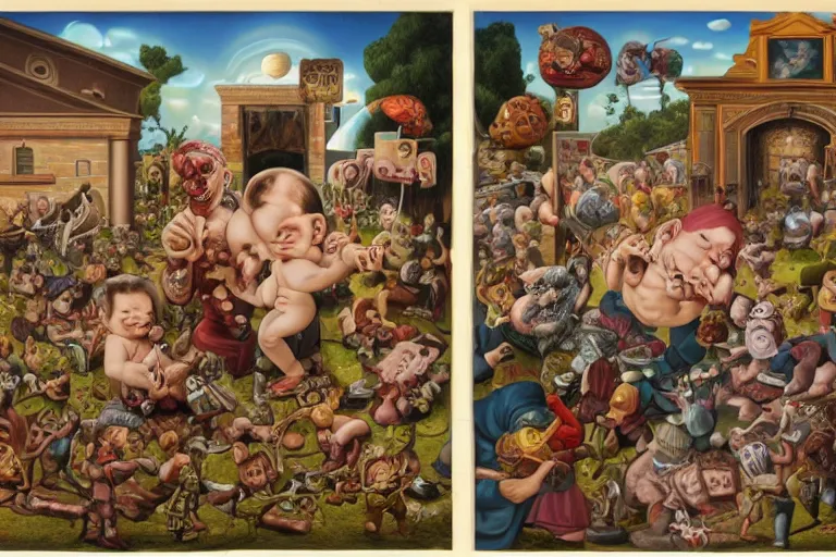 Image similar to a strange battle in an old hospital between old people and babies Robert Williams Mark Ryden and Alex Gross, Todd Schorr highly detailed