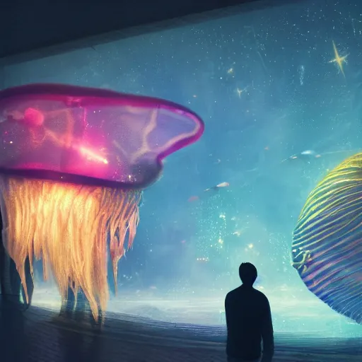Prompt: over the shoulder photo of a man watching a giant aquarium, magic glowing jellyfish in glowing cosmic stardust, colorful stars, galaxies, space, award winning photo, intricate, high detail, atmospheric, desolate, artstation