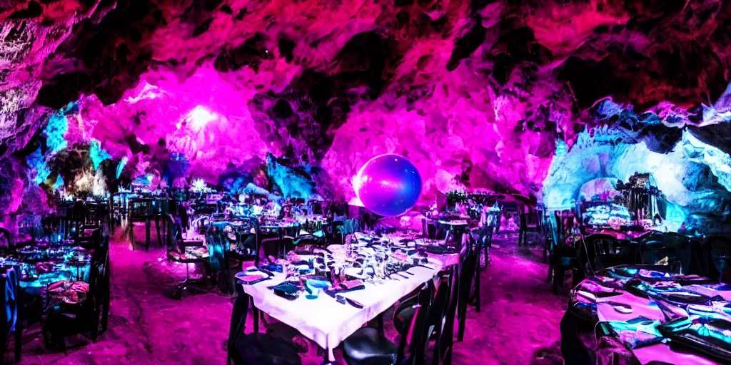 Prompt: goth disco in a cave with pink lasers and blue crystals forming a sphere of knives