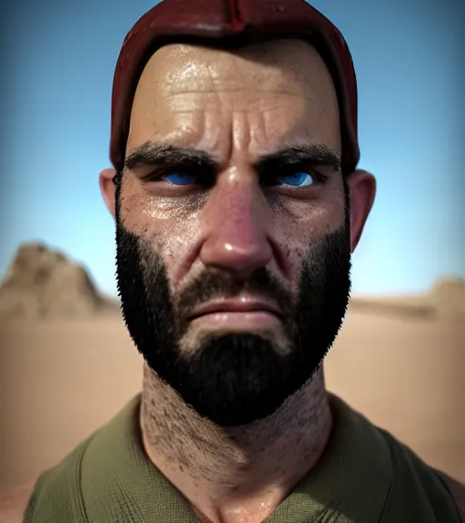 Image similar to portrait of muscular, tired and alcoholic 3 0 - year - old grieving man with short darkblonde hair, serious sad look in his eyes, looking down, dirty beard, blue eyes, crying tears, wearing dirty soldier uniform, on the desert, sad atmosphere, hyper realistic face, character art, art by mark brooks, cryengine, trending on artstation, digital art
