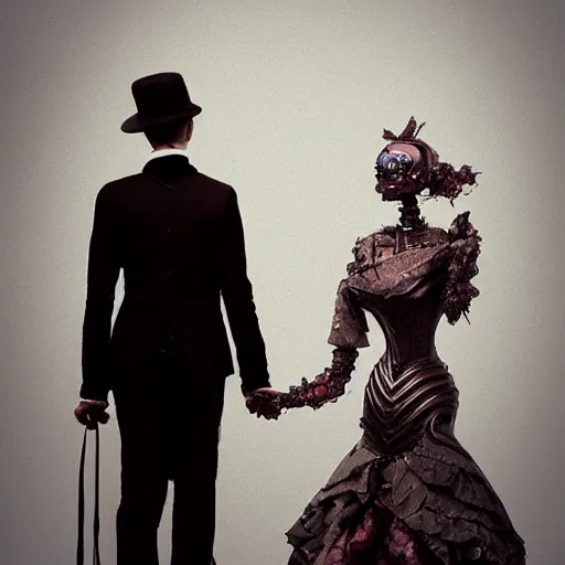 Image similar to victorian robotic couple, walking a human on a lead, beauty portrait, smooth, sharp focus, award - winning, masterpiece, in the style of of beth cavener, jin kagetsu, james jean and wlop, face symmetry, masterpiece, award winning, sharp focus, intricate concept art, ambient lighting, artstation