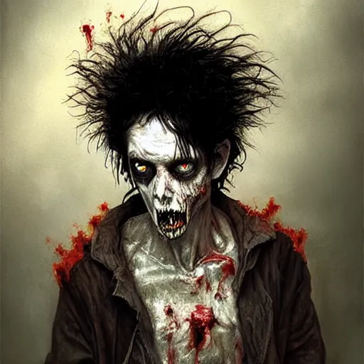 Image similar to young and skinny robert smith as a zombie feeling shy with fluffy big hair, 7 days to die zombie, fine art, award winning, intricate, soft light from the side, elegant, sharp focus, cinematic lighting, highly detailed, digital painting, 8 k concept art, art by z. w. gu, art by brom, art by michael hussar, masterpiece, 8 k