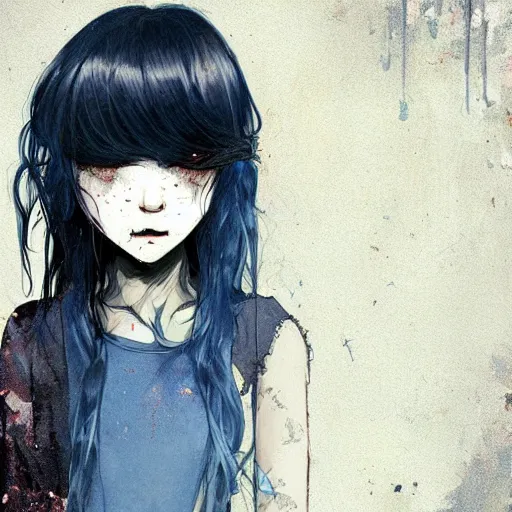 Image similar to urban school zombie girl in tattered clothes fanart, dark blue long hair, muted colors, matte print, pastel colors, ornate, digital art, cute smile, digital painting, fan art, elegant, pixiv, by Ilya Kuvshinov, by Studio Ghibli