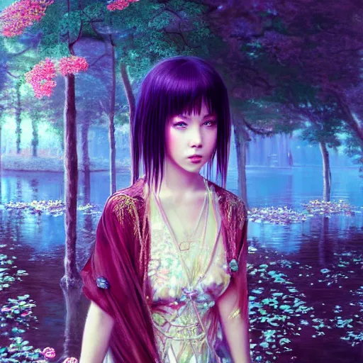 Image similar to painting, nicolas cage as a beautiful young girl in intricate clothing by ross tran, walking in a castle, lake painted by sana takeda, rtx reflections, very high intricate details, digital anime art, medium shot, mid - shot, composition by ilya kuvshinov, lighting by greg rutkowski