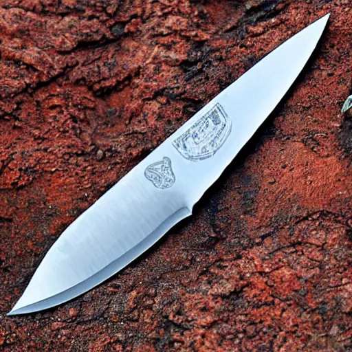 Prompt: A carving of a knife in the mountains