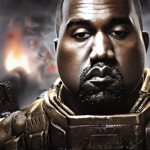 Prompt: Kanye West as the emperor of humanity from warhammer 40k in Gears of War, splash art, movie still, cinematic lighting, detailed face, dramatic, octane render, long lens, shallow depth of field, bokeh, anamorphic lens flare, 8k, hyper detailed, 35mm film grain