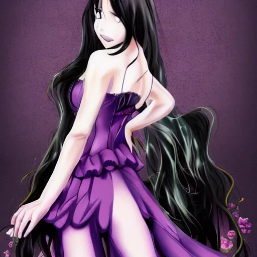 Prompt: a beautiful anime anime anime anime anime anime woman with long black hair, wearing a black corset top and a purple tutu, art by Steve Argyle