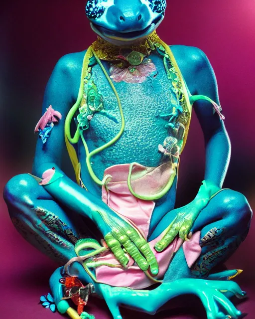 Image similar to natural light, soft focus portrait of a cyberpunk anthropomorphic poison dart frog with soft synthetic pink skin, blue bioluminescent plastics, smooth shiny metal, elaborate ornate head piece, piercings, skin textures, by annie leibovitz, paul lehr