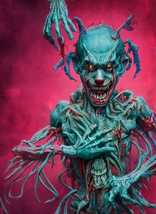 Image similar to evil horror clown, monster anatomy, ross tran, vivid colors, anatomical, highly detailed sculpture, intricate detailed, ommatidia, 8 k, cinematic atmosphere, post - processing