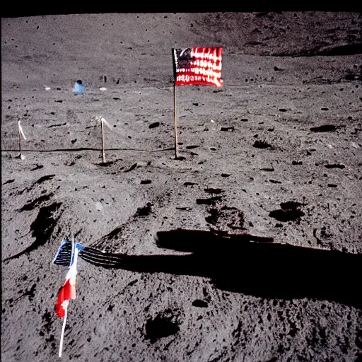 Prompt: photograph of a cowboy planting the american flag on the moon