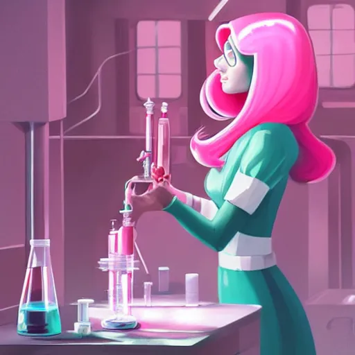 Prompt: princess bubblegum doing chemistry in a lab, matte art by ross tran