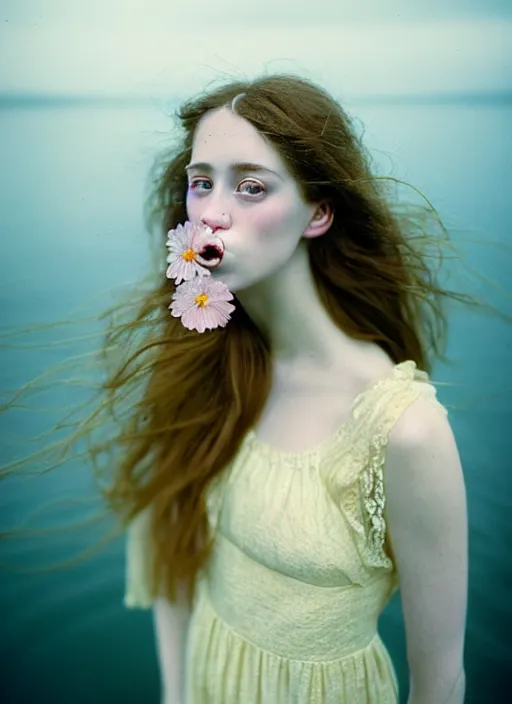 Prompt: Kodak Portra 400, 8K, soft light, volumetric lighting, highly detailed, britt marling style 3/4, portrait photography of a beautiful woman how pre-Raphaelites, half face in the water, nose eyes and mouth out of the water ,a beautiful lace dress and hair are intricate with highly detailed realistic beautiful flowers , Realistic, Refined, Highly Detailed, natural outdoor soft pastel lighting colors scheme, outdoor fine art photography, Hyper realistic, photo realistic