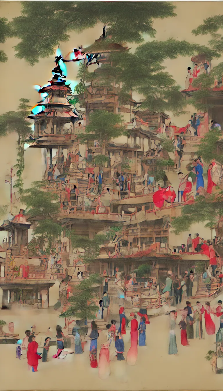 Image similar to painting of a pagoda, people drinking tea and paper lanterns