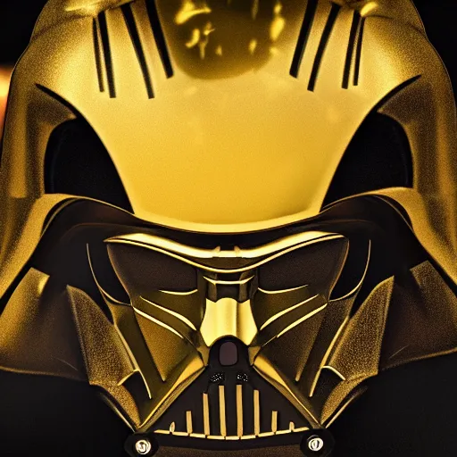 Image similar to golden colored darth vader, photograph, 4k, trending on artstation