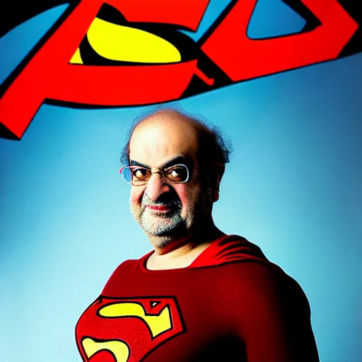 Prompt: kodachrome photographic portrait of author, salman rushdie as superman from the year 3 0 0 0, portrait by annie liebowitz