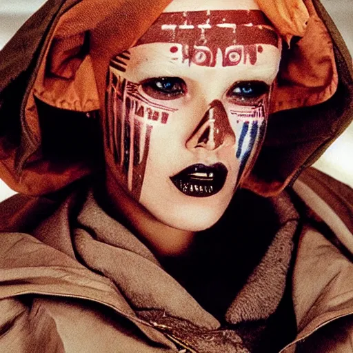 Prompt: cinematic portrait of a runaway replicant with tribal facepaint and a plastic raincoat in an empty room, still from the movie bladerunner, fashion photography