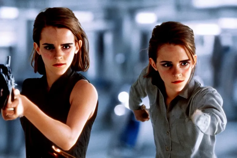 Image similar to a cinematic still of Emma Watson as The T-1000 . Terminator 2 Judgement Day.