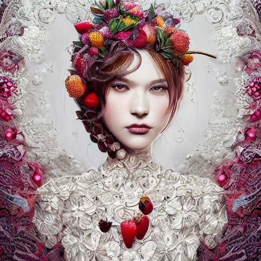 Image similar to the portrait of an absurdly beautiful, graceful, elegant, sophisticated, fashionable young woman made of strawberries and white petals with tears, an ultrafine hyperdetailed illustration by kim jung gi, irakli nadar, intricate linework, bright colors, octopath traveler, final fantasy, unreal engine 5 highly rendered, global illumination, radiant light, detailed and intricate environment