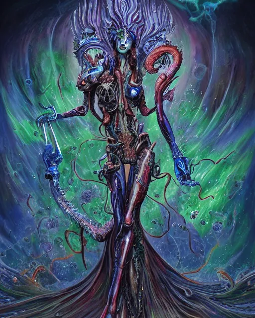 Image similar to silver mechanical charred bloody fleshmetal cyborg daemonhost woman psychedelic flamer of tzeentch with extra arms, blue and green rainbow fire, by antonio j. manzanedo, alex grey, android jones, wayne barlowe, raymond swanland, cyril rolando, josephine wall, harumi hironaka, cronenburg, trending on artstation