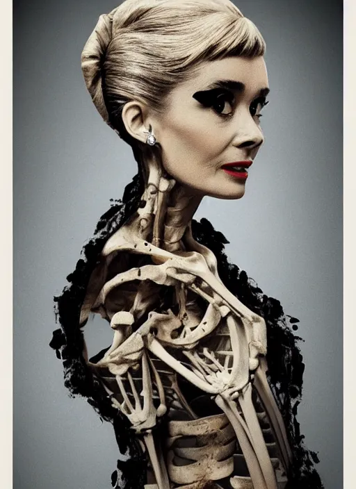 Image similar to a audrey hepburn face in profile made of blood skeleton in the style of the dutch masters and gregory crewdson dark and moody