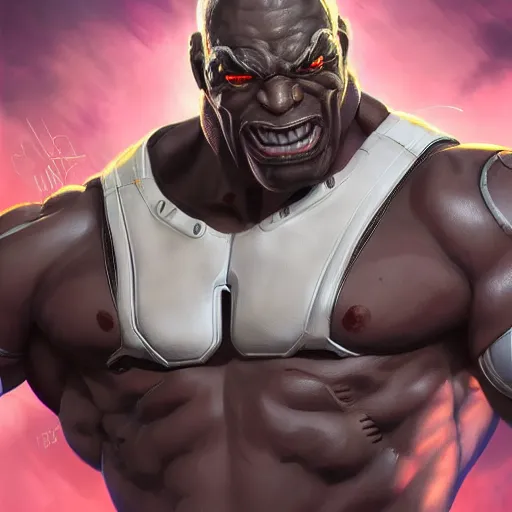 Prompt: science-fiction utopian character portrait of a huge muscular menacing Doomfist from Overwatch, white face paint, intricate, wild, highly detailed, digital painting, artstation, upper body, concept art, smooth, sharp focus, illustration, art by artgerm and greg rutkowski and alphonse mucha
