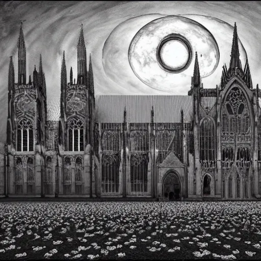 Image similar to A Gothic cathedral in a field of flowers, A huge red moon shines over the earth in the style of gustav doré.highly realistic, hyper detailed,cinematic,4k,digital art,unreal engine 5,epic lighting