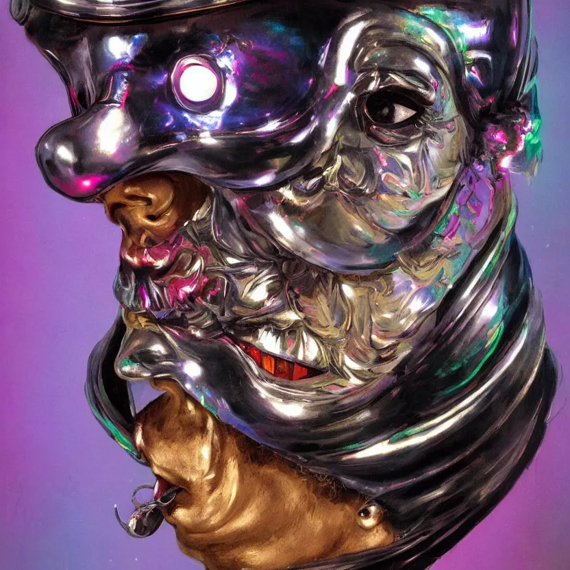 Prompt: baroque neoclassicist close - up portrait of a retrofuturistic blacklight clown wearing an iridescent silver venetian carnival mask. dark background, glowing circus atmosphere. highly detailed science fiction painting by norman rockwell, frank frazetta, and syd mead. rich colors, high contrast, gloomy atmosphere. trending on artstation and behance.