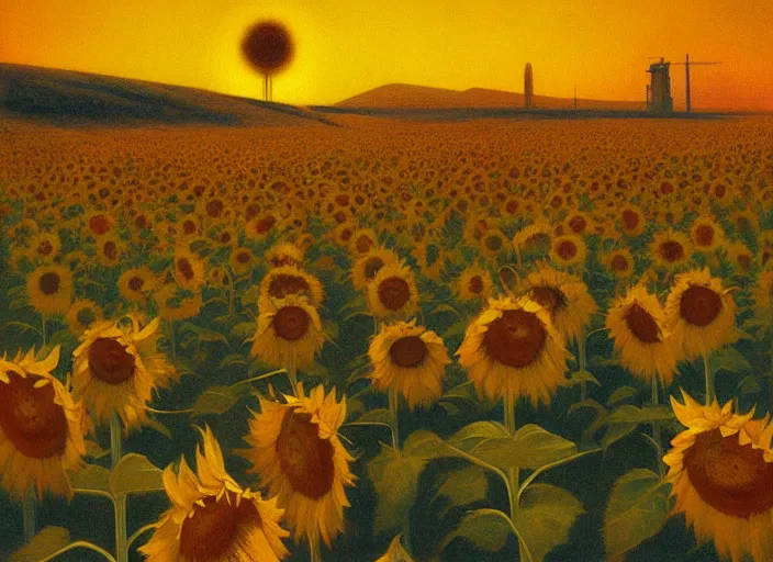 Image similar to sunrise sunflower, science fiction, Edward Hopper and James Gilleard, Zdzislaw Beksinski, highly detailed