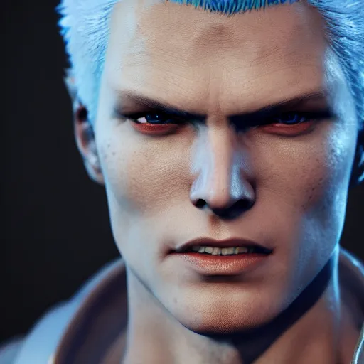 Image similar to Vergil from devil may cry, au naturel, hyper detailed, digital art, trending in artstation, cinematic lighting, studio quality, smooth render, unreal engine 5 rendered, octane rendered, art style by klimt and nixeu and ian sprigger and wlop and krenz cushart