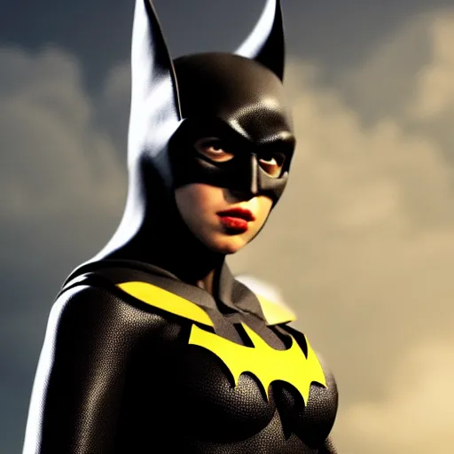 Prompt: a potrait of dua lipa as Batgirl by Zack Snyder, Christopher Nolan, 8k photorealistic, cinematic lighting, HD, high details, dramatic, trending on artstation, view from below, dark atmosphere,