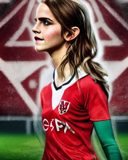 Image similar to a portrait of emma watson as a lokomotiv football player, hyper realistic